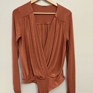 Free People Turnt Bodysuit Ginger Spice Women Large Surplice Long Sleeve Shimmer